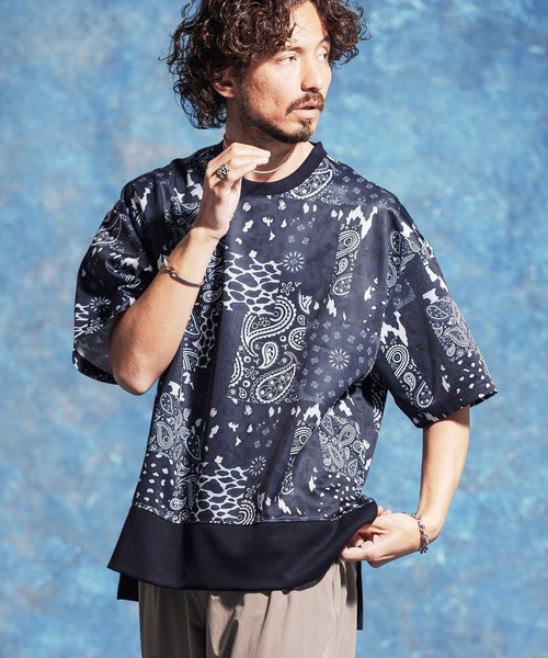 Jih Nunc（ジーヌンク）の「mt10234-ペイズリー×レオパードパッチワークプリントポンチカットソー(JIH-R1186)（Tシャツ/カットソー・メンズ・ネイビー/ブラック・S/L/M）」の3枚目の写真