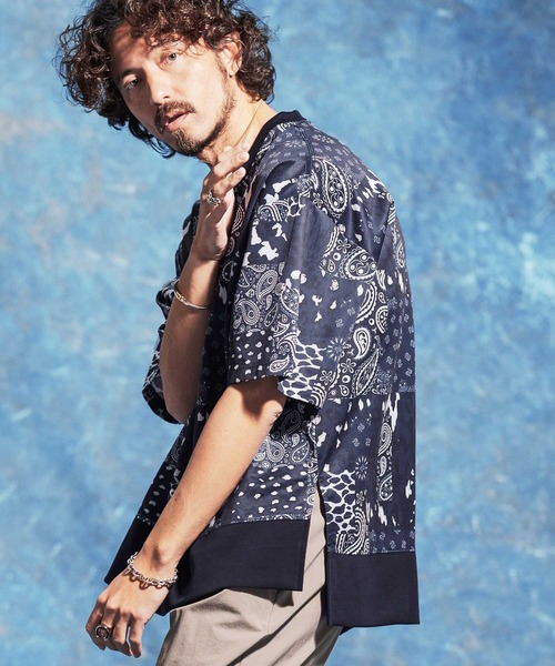 Jih Nunc（ジーヌンク）の「mt10234-ペイズリー×レオパードパッチワークプリントポンチカットソー(JIH-R1186)（Tシャツ/カットソー・メンズ・ネイビー/ブラック・S/L/M）」の4枚目の写真