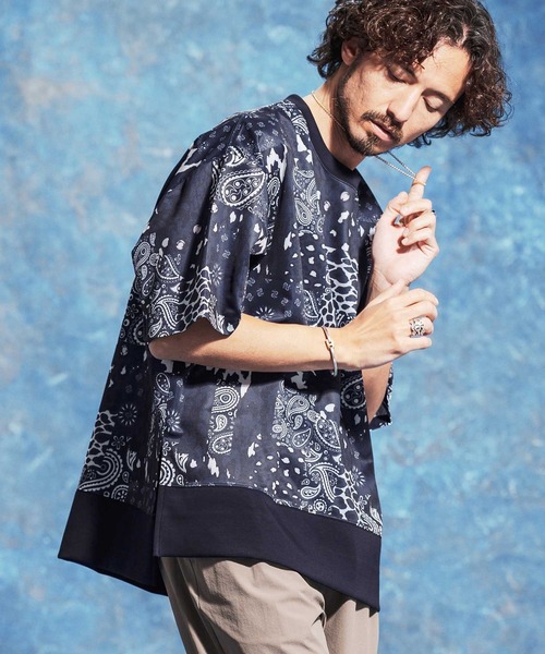 Jih Nunc（ジーヌンク）の「mt10234-ペイズリー×レオパードパッチワークプリントポンチカットソー(JIH-R1186)（Tシャツ/カットソー・メンズ・ネイビー/ブラック・S/L/M）」の5枚目の写真