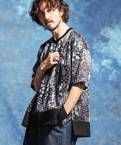 Jih Nunc（ジーヌンク）の「mt10234-ペイズリー×レオパードパッチワークプリントポンチカットソー(JIH-R1186)（Tシャツ/カットソー・メンズ・ネイビー/ブラック・S/L/M）」の10枚目の写真