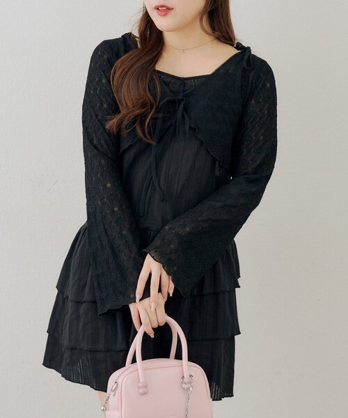continuer de NICE CLAUP（コンティニューデナイスクラップ）の「レースボレロ×キャミチュニックSET（ワンピース・レディース・チェック/ドット/オフホワイト/その他11/ブラック・FREE）」の13枚目の写真