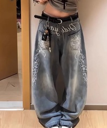 花柄刺繍ワイドデニムパンツ