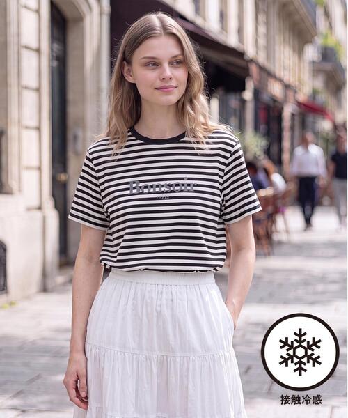 DRESSTERIOR(ドレステリア)の「【接触冷感/抗菌防臭/消臭】アイスクリアコットンBonsoirロゴボーダーTシャツ(Tシャツ/カットソー・レディース・ブラック系2・38/36/34)」の1枚目の写真