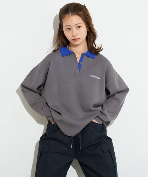 B-DAY STORE(ビーデイストア)の「【B-DAY STORE】バイカラーポロニット(ニット/セーター・レディース・ブルー/グレー・0)」の2枚目の写真