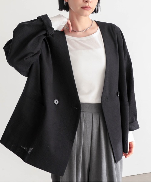 【美品】VALENTINO クレープクチュールラッフルノーカラージャケット セール】[セットアップ対応]クレープチェックノーカラーダブル