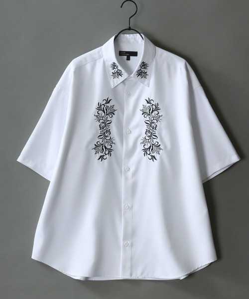 セール】Flower Embroidery Shirt/花刺繍 ビッグシルエット 半袖シャツ