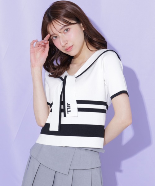 JILL by JILL STUART（ジルバイジルスチュアート）の「配色ビッグカラーニット（ニット/セーター・レディース・ネイビー/ホワイト系その他/レッド系その他・FREE）」の2枚目の写真