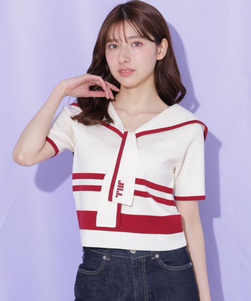 JILL by JILL STUART（ジルバイジルスチュアート）の「配色ビッグカラーニット（ニット/セーター・レディース・ネイビー/ホワイト系その他/レッド系その他・FREE）」の3枚目の写真