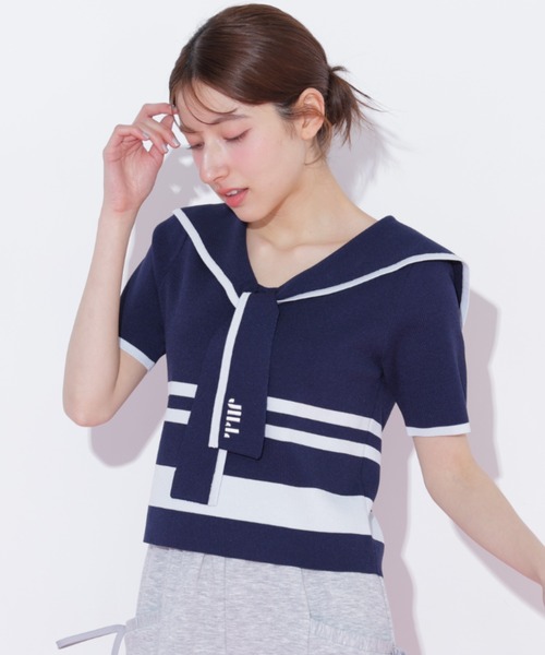 JILL by JILL STUART（ジルバイジルスチュアート）の「配色ビッグカラーニット（ニット/セーター・レディース・ネイビー/ホワイト系その他/レッド系その他・FREE）」の7枚目の写真