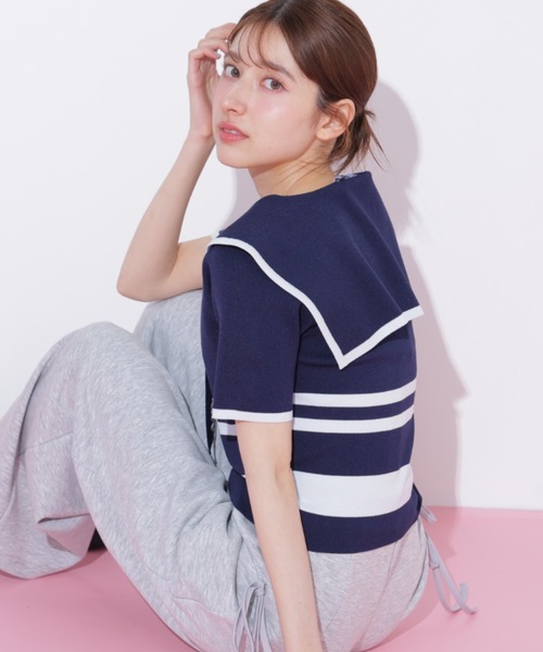 JILL by JILL STUART（ジルバイジルスチュアート）の「配色ビッグカラーニット（ニット/セーター・レディース・ネイビー/ホワイト系その他/レッド系その他・FREE）」の8枚目の写真