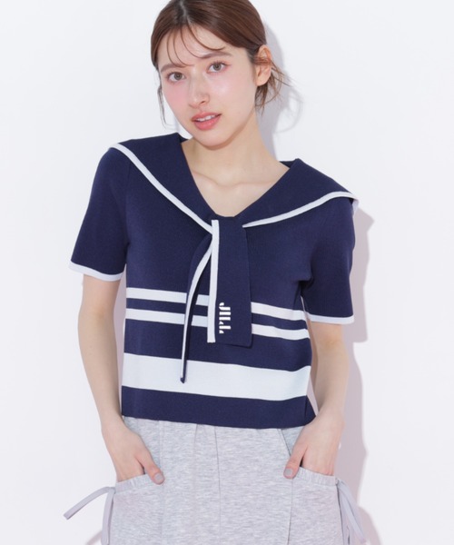 JILL by JILL STUART（ジルバイジルスチュアート）の「配色ビッグカラーニット（ニット/セーター・レディース・ネイビー/ホワイト系その他/レッド系その他・FREE）」の4枚目の写真