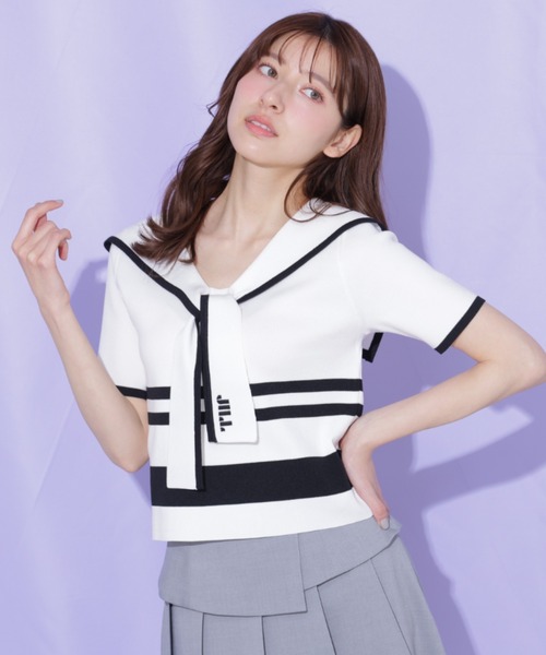 JILL by JILL STUART（ジルバイジルスチュアート）の「配色ビッグカラーニット（ニット/セーター・レディース・ネイビー/ホワイト系その他/レッド系その他・FREE）」の14枚目の写真