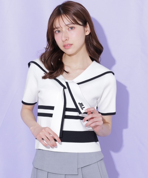 JILL by JILL STUART（ジルバイジルスチュアート）の「配色ビッグカラーニット（ニット/セーター・レディース・ネイビー/ホワイト系その他/レッド系その他・FREE）」の12枚目の写真