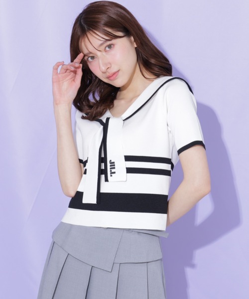 JILL by JILL STUART（ジルバイジルスチュアート）の「配色ビッグカラーニット（ニット/セーター・レディース・ネイビー/ホワイト系その他/レッド系その他・FREE）」の11枚目の写真