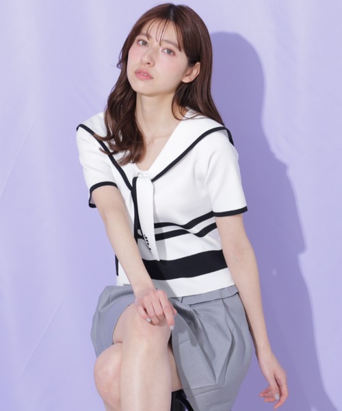 JILL by JILL STUART（ジルバイジルスチュアート）の「配色ビッグカラーニット（ニット/セーター・レディース・ネイビー/ホワイト系その他/レッド系その他・FREE）」の15枚目の写真