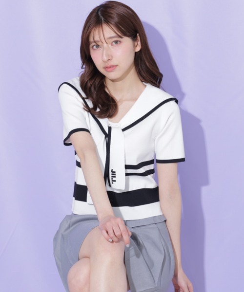 JILL by JILL STUART（ジルバイジルスチュアート）の「配色ビッグカラーニット（ニット/セーター・レディース・ネイビー/ホワイト系その他/レッド系その他・FREE）」の16枚目の写真