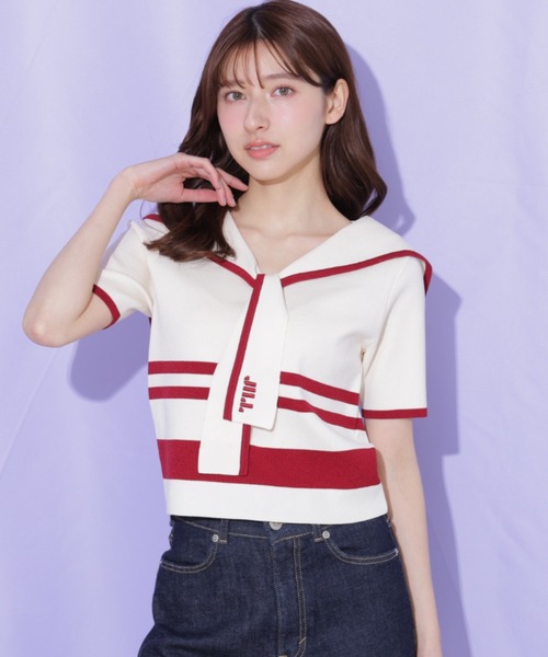 JILL by JILL STUART（ジルバイジルスチュアート）の「配色ビッグカラーニット（ニット/セーター・レディース・ネイビー/ホワイト系その他/レッド系その他・FREE）」の22枚目の写真
