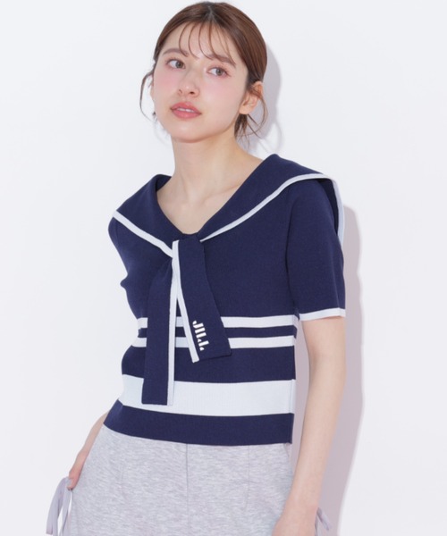 JILL by JILL STUART（ジルバイジルスチュアート）の「配色ビッグカラーニット（ニット/セーター・レディース・ネイビー/ホワイト系その他/レッド系その他・FREE）」の6枚目の写真