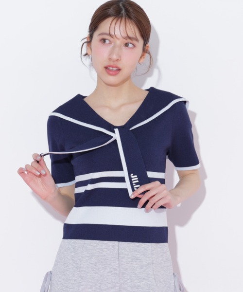 JILL by JILL STUART（ジルバイジルスチュアート）の「配色ビッグカラーニット（ニット/セーター・レディース・ネイビー/ホワイト系その他/レッド系その他・FREE）」の5枚目の写真