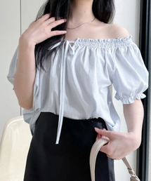 フロントリボン パフスリーブ Aラインチュニックブラウス