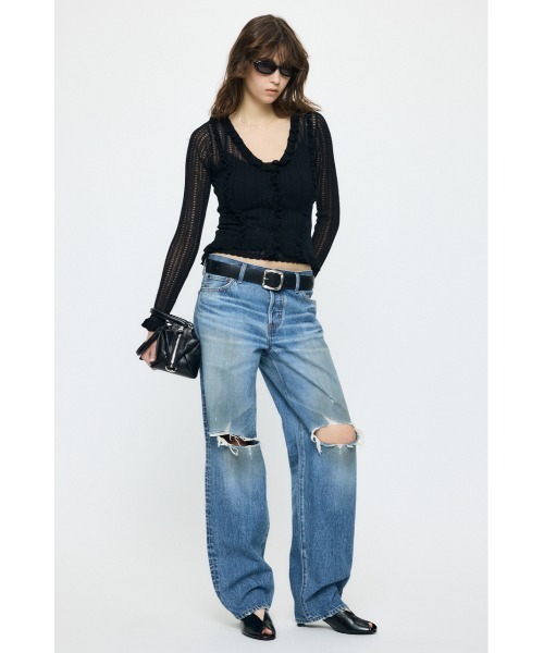 MOUSSY(マウジー)の「MIDRISE DAMAGED SLIM STRAIGHT(デニムパンツ・レディース・ブルー・0/1/2)」の4枚目の写真