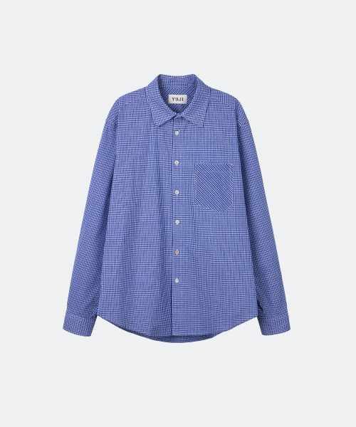 YUJI(ユジ)の「MICRO CHECK SHIRT BLUE(シャツ/ブラウス・レディース・ブルー・SMALL/MEDIUM/LARGE)」の1枚目の写真