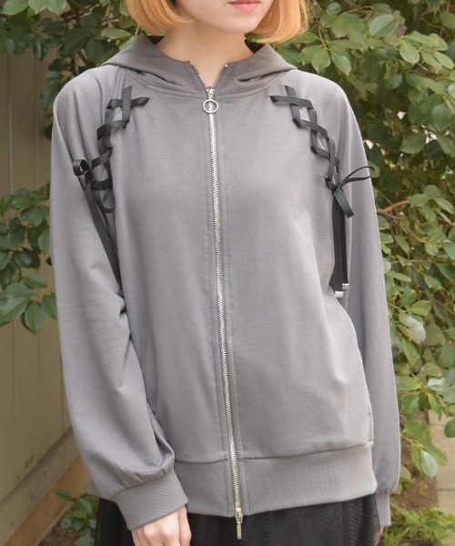 axes femme（アクシーズファム）の「ＵＶカット編み上げパーカー（カーディガン/ボレロ・レディース・サックスブルー/イエロー/チャコール/ホワイト・FREE）」の3枚目の写真