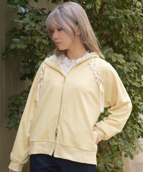 axes femme（アクシーズファム）の「ＵＶカット編み上げパーカー（カーディガン/ボレロ・レディース・サックスブルー/イエロー/チャコール/ホワイト・FREE）」の5枚目の写真