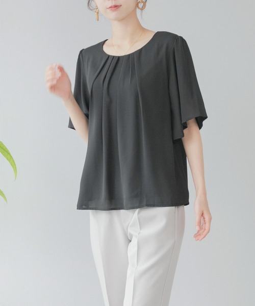 festinalente(フェスティナレンテ)の「ジョーゼット フロントタック 半袖ブラウス(シャツ/ブラウス・レディース・ブラック/サックスブルー/ホワイト・S/M/LL/3L/L)」の2枚目の写真