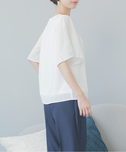 festinalente(フェスティナレンテ)の「ジョーゼット フロントタック 半袖ブラウス(シャツ/ブラウス・レディース・ブラック/サックスブルー/ホワイト・S/M/LL/3L/L)」の5枚目の写真