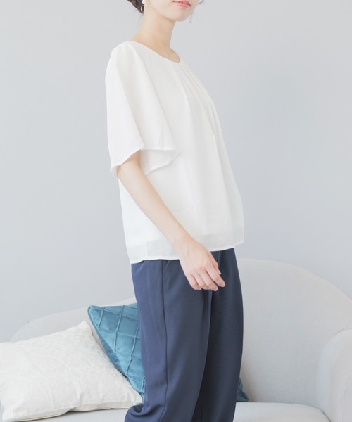 festinalente(フェスティナレンテ)の「ジョーゼット フロントタック 半袖ブラウス(シャツ/ブラウス・レディース・ブラック/サックスブルー/ホワイト・S/M/LL/3L/L)」の12枚目の写真
