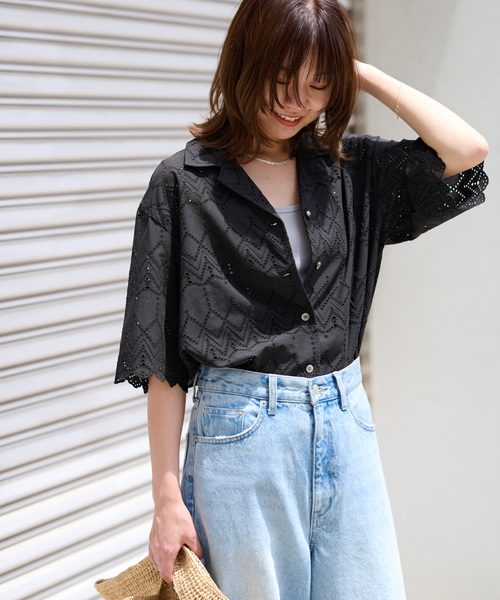 JOURNAL STANDARD relume(ジャーナルスタンダード レリューム)の「《一部WEB限定追加》コットンカットワーク刺繍開襟シャツ(シャツ/ブラウス・レディース・ホワイト/ブラック/ブラック系その他/ホワイト系その他・FREE)」の6枚目の写真