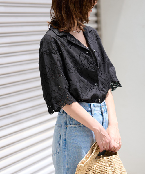 WEB限定追加》コットンカットワーク刺繍開襟シャツ(シャツ/ブラウス WEB限定追加》コットンカットワーク刺繍開襟シャツ(シャツ/ブラウス