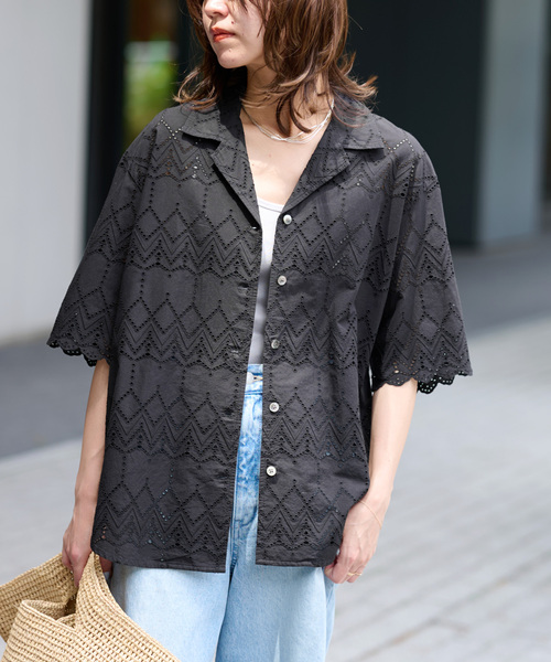 JOURNAL STANDARD relume(ジャーナルスタンダード レリューム)の「《一部WEB限定追加》コットンカットワーク刺繍開襟シャツ(シャツ/ブラウス・レディース・ホワイト/ブラック/ブラック系その他/ホワイト系その他・FREE)」の9枚目の写真