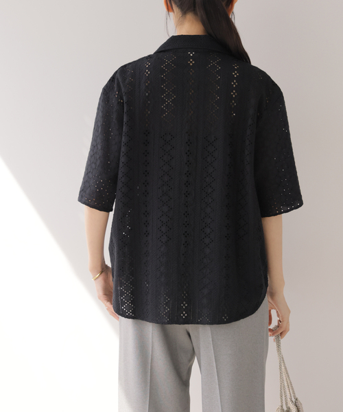 【45R】カットワークコットン刺繍ブラウス 白 開襟 エンブロイダリー カットワークエンブロイダリーシャツ（シャツ／ブラウス）｜JOURNAL