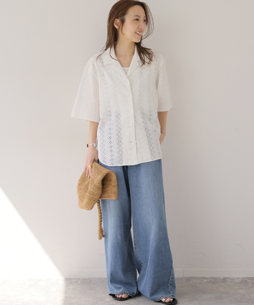 一部WEB限定追加》コットンカットワーク刺繍開襟シャツ（シャツ