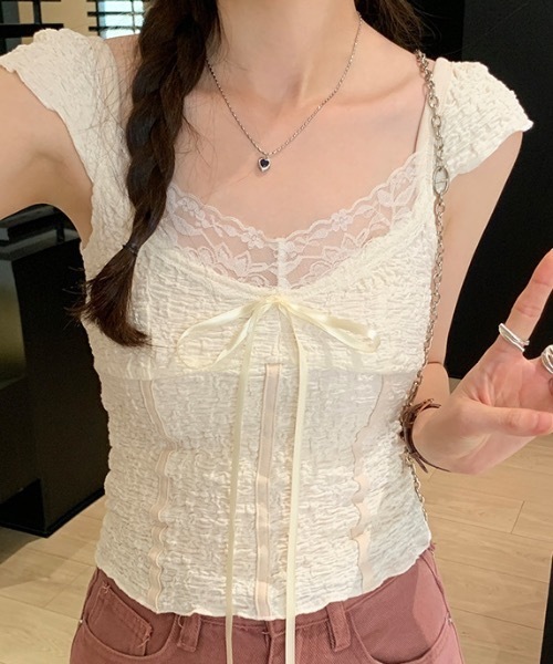 Teem Store(チームストア)の「【26年春夏新作】フロントリボンレーストップス カットトップス/タンクトップ(キャミソール・レディース・アイボリー・M/S)」の4枚目の写真