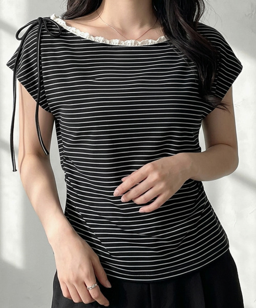 VIVID LADY(ビビッドレディー)の「レースネック リボン ボーダー柄 半袖トップス(Tシャツ/カットソー・レディース・ブラック/ワイン・FREE)」の9枚目の写真