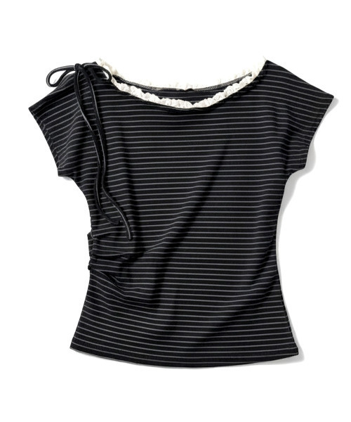 VIVID LADY(ビビッドレディー)の「レースネック リボン ボーダー柄 半袖トップス(Tシャツ/カットソー・レディース・ブラック/ワイン・FREE)」の11枚目の写真