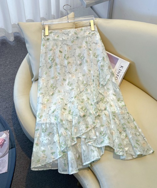 AMAJI(アマジ)の「花柄 フリルデザイン アシンメトリー ハイウエスト マーメイドスカート(スカート・レディース・ライトグリーン/ブラック・X-LARGE/LARGE/MEDIUM/SMALL)」の3枚目の写真