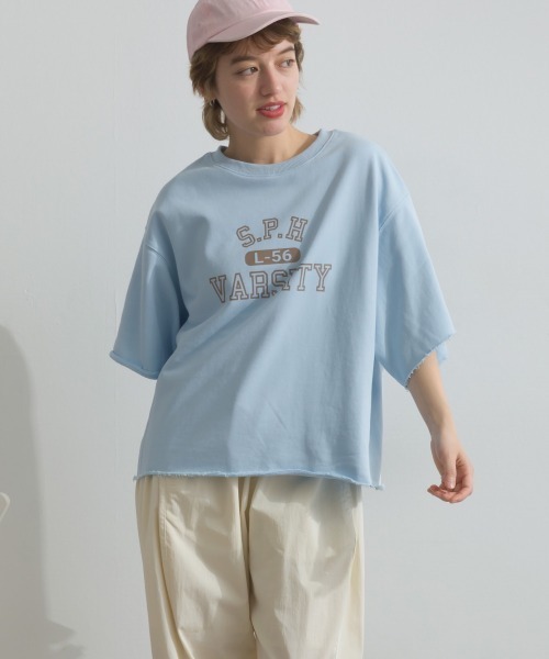 OMNES(オムネス)の「カレッジプリントスウェット半袖Tシャツ(Tシャツ/カットソー・レディース・ライトグレー/チャコールグレー/ライトブルー/アイボリー/グリーン・FREE)」の5枚目の写真
