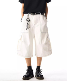 【neos】配色ステッチ ワイドカーゴ バミューダパンツ メンズ レディース クロップド丈 膝下丈 ハーフパンツ ユニセックス