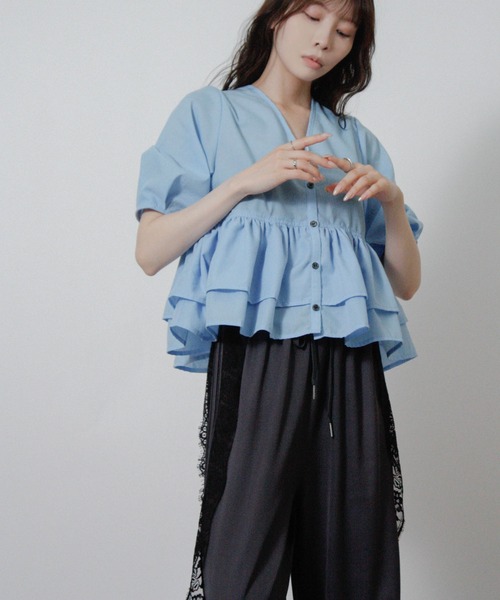 Social GIRL(ソーシャルガール)の「2026SS 2WAY フリル ペプラムブラウス 半袖(シャツ/ブラウス・レディース・ブラック/ライトブルー/ホワイト・M)」の6枚目の写真