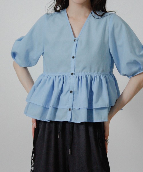 Social GIRL(ソーシャルガール)の「2026SS 2WAY フリル ペプラムブラウス 半袖(シャツ/ブラウス・レディース・ブラック/ライトブルー/ホワイト・M)」の9枚目の写真