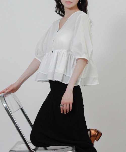 Social GIRL(ソーシャルガール)の「2026SS 2WAY フリル ペプラムブラウス 半袖(シャツ/ブラウス・レディース・ブラック/ライトブルー/ホワイト・M)」の12枚目の写真