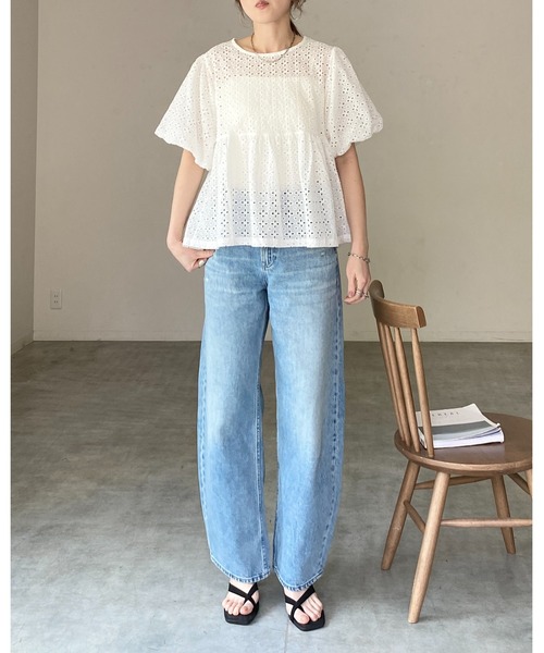 She's Closet(シーズクローゼット)の「スカラップレース 半袖 ボリューム袖 パフスリーブ ペプラムブラウス(シャツ/ブラウス・レディース・ブラック/ホワイト・FREE)」の9枚目の写真
