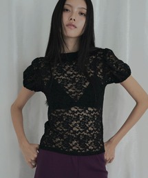 FEKETE（フェケテ）の「lace asymmetric collar puff blouse / 総レースパフスリーブブラウス（Tシャツ/カットソー）」