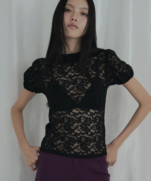 ★未使用　カネコイサオ　ピコフリル　レース　パフスリーブ　ブラウス　黒 lace asymmetric collar puff blouse / 総レースパフスリーブブラウス