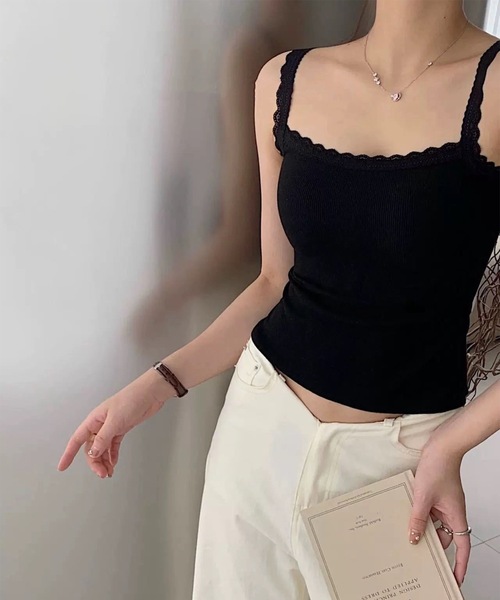 Lace Ladies(レースレディース)の「レース トリム リブ カップ付き キャミソール(キャミソール・レディース・ブラック/アイボリー/グレー/グレイッシュベージュ・FREE)」の8枚目の写真