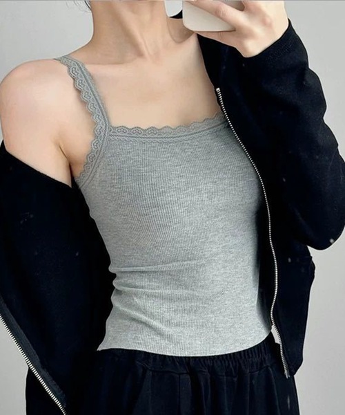 Lace Ladies(レースレディース)の「レース トリム リブ カップ付き キャミソール(キャミソール・レディース・ブラック/アイボリー/グレー/グレイッシュベージュ・FREE)」の10枚目の写真